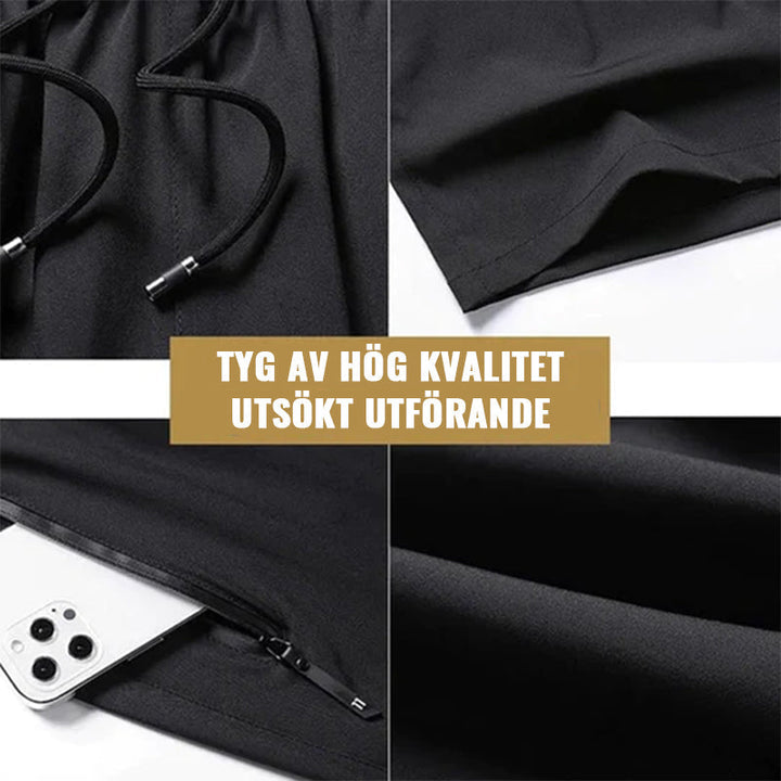 "Mäns snabbtorkande lätta träningsshorts i svart, grå och mörkblå. Elastisk midjeband och säker dragkedjeficka."
