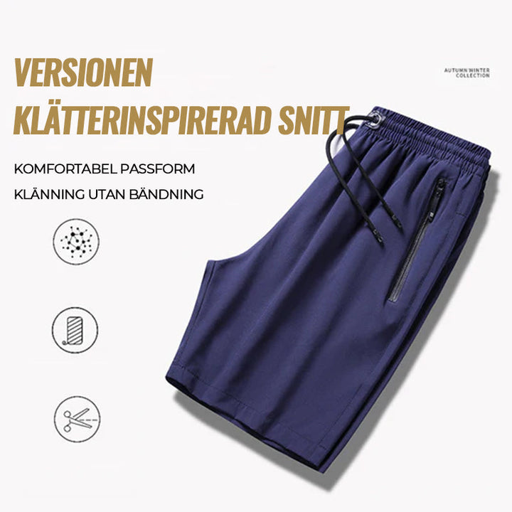 "Mäns snabbtorkande lätta träningsshorts i svart, grå och mörkblå. Elastisk midjeband och säker dragkedjeficka."