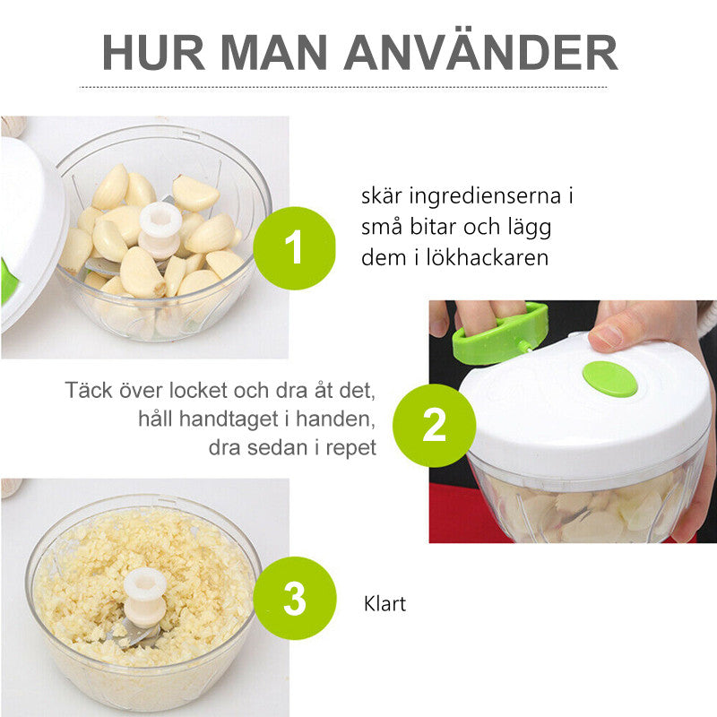 "Manuell lökhackare i rostfritt stål med ergonomiskt grepp, kompakt design och högkvalitativa blad, idealisk för köket."