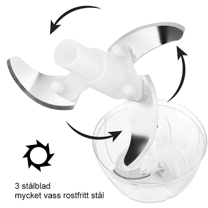 "Manuell lökhackare i rostfritt stål med ergonomiskt grepp, kompakt design och högkvalitativa blad, idealisk för köket."