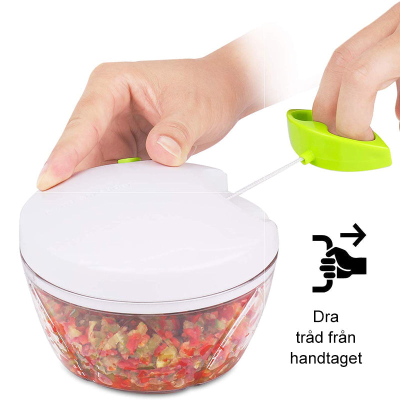 "Manuell lökhackare i rostfritt stål med ergonomiskt grepp, kompakt design och högkvalitativa blad, idealisk för köket."