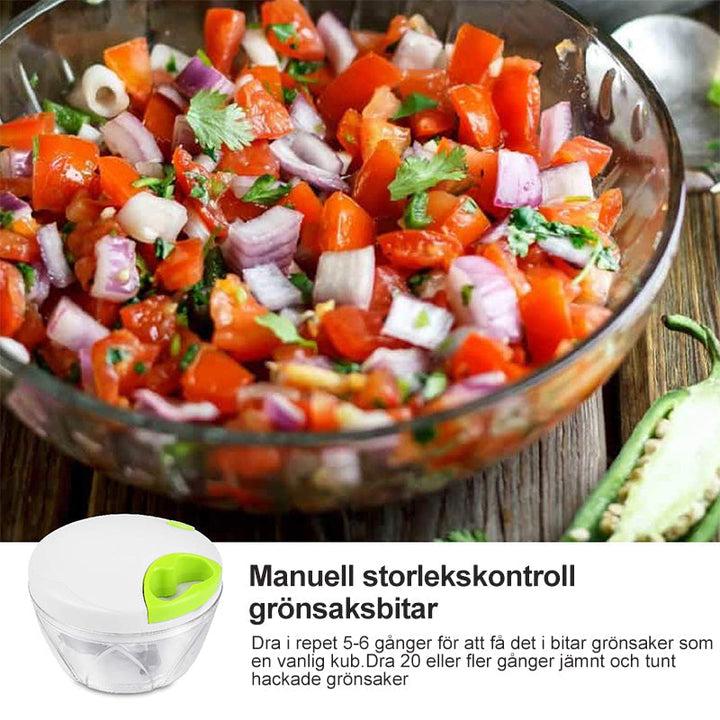 "Manuell lökhackare i rostfritt stål med ergonomiskt grepp, kompakt design och högkvalitativa blad, idealisk för köket."