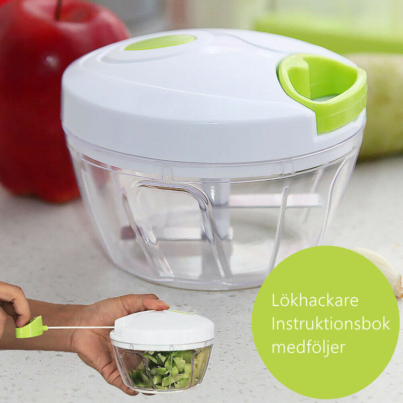 "Manuell lökhackare i rostfritt stål med ergonomiskt grepp, kompakt design och högkvalitativa blad, idealisk för köket."