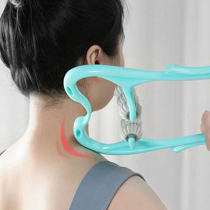 "Massageapparat för hals och axlar i blå/rosa, ergonomisk svanform, för avslappning och välbefinnande."