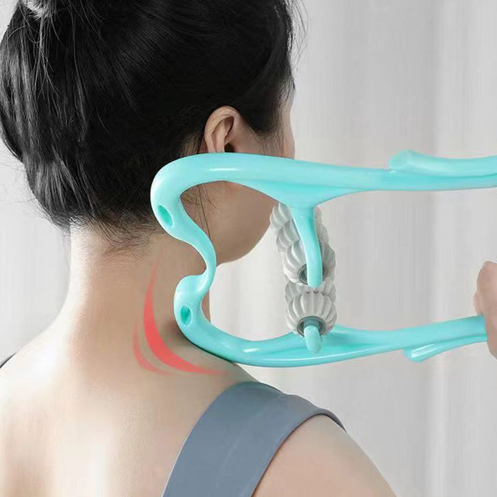 "Massageapparat för hals och axlar i blå/rosa, ergonomisk svanform, för avslappning och välbefinnande."