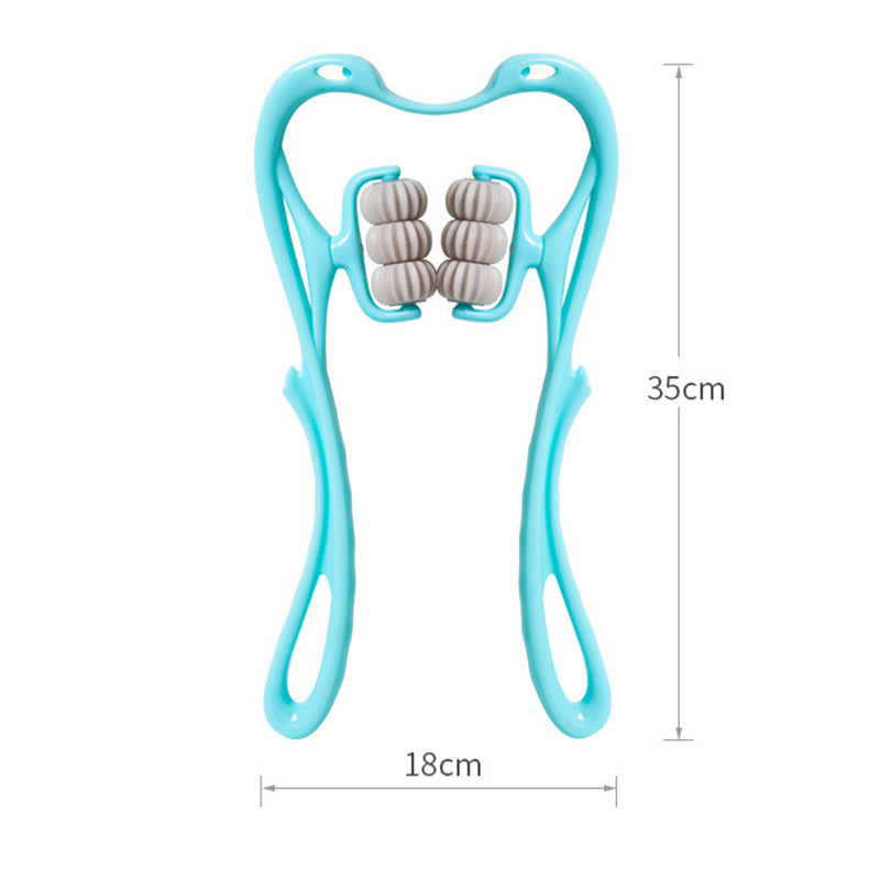"Massageapparat för hals och axlar i blå/rosa, ergonomisk svanform, för avslappning och välbefinnande."