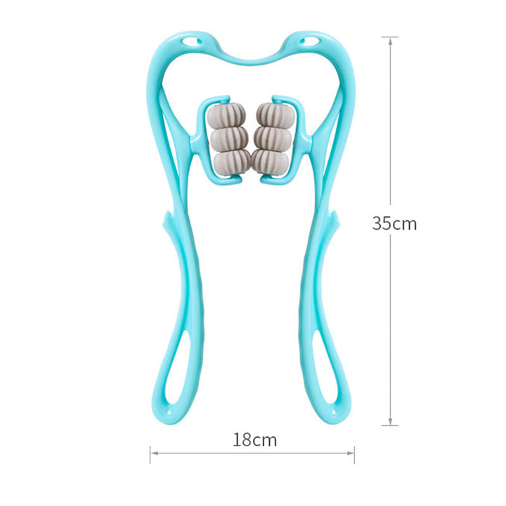 "Massageapparat för hals och axlar i blå/rosa, ergonomisk svanform, för avslappning och välbefinnande."