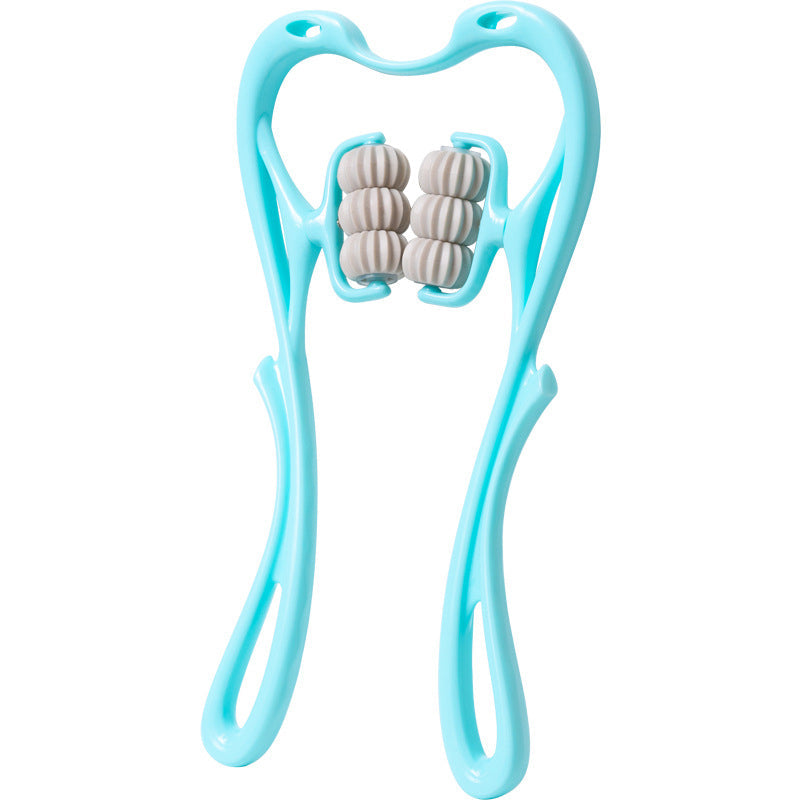 "Massageapparat för hals och axlar i blå/rosa, ergonomisk svanform, för avslappning och välbefinnande."