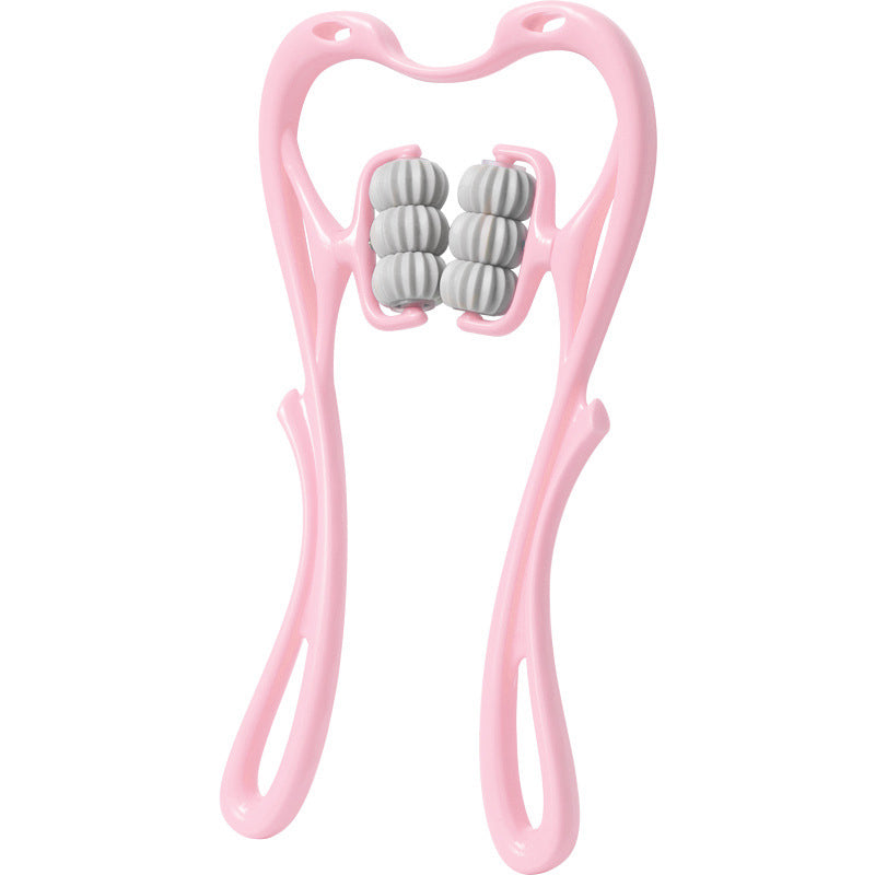 "Massageapparat för hals och axlar i blå/rosa, ergonomisk svanform, för avslappning och välbefinnande."