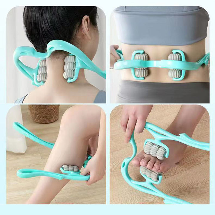 "Massageapparat för hals och axlar i blå/rosa, ergonomisk svanform, för avslappning och välbefinnande."