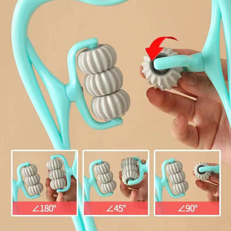 "Massageapparat för hals och axlar i blå/rosa, ergonomisk svanform, för avslappning och välbefinnande."