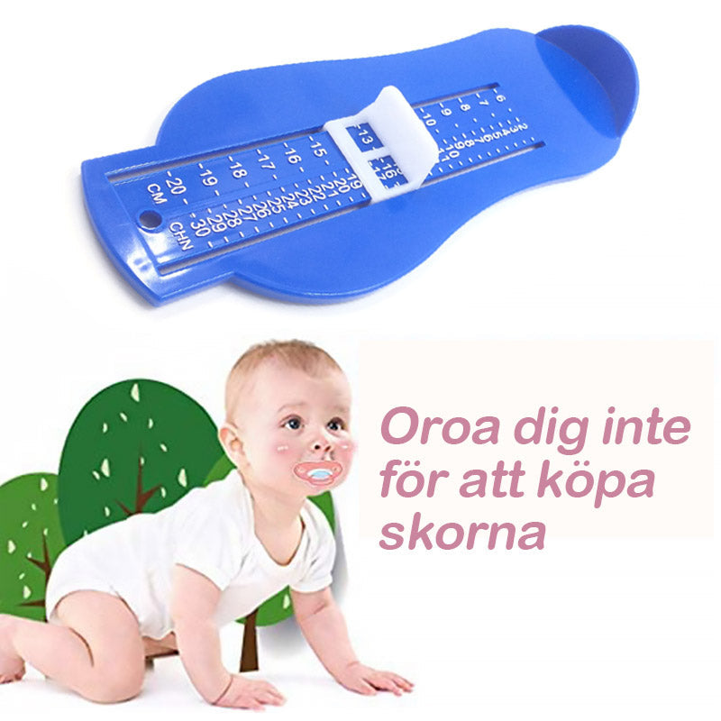 "Mätanordning för babyfötter i färger gul, röd, grön och blå; tillverkad i slitstark ABS, 0-20 cm justerbar skala."