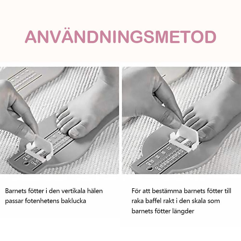 "Mätanordning för babyfötter i färger gul, röd, grön och blå; tillverkad i slitstark ABS, 0-20 cm justerbar skala."