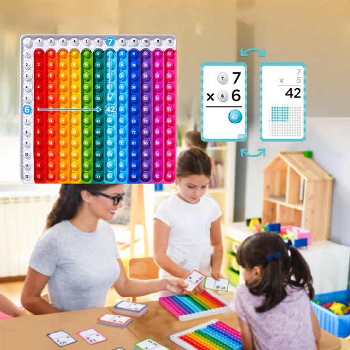 Matematiska flash-kort och pop fidget-diagram för barn med färgglada design. Interaktiv inlärning och taktil stimulans.