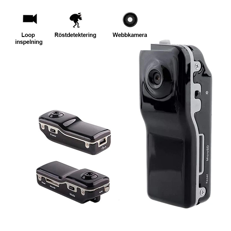 "MD80 mini fickkamera, liten och portabel, svart kompakt enhet med metallfinish för enkel videoinspelning och övervakning."