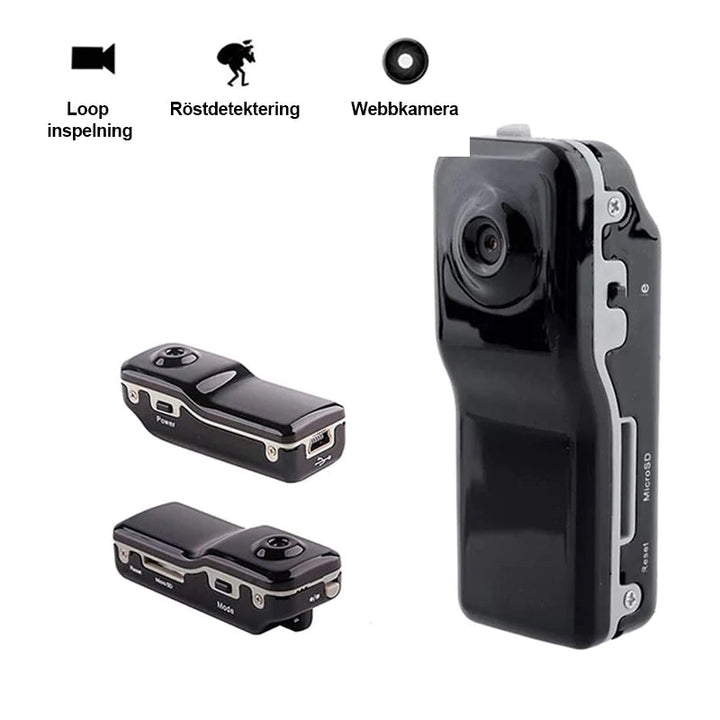 "MD80 mini fickkamera, liten och portabel, svart kompakt enhet med metallfinish för enkel videoinspelning och övervakning."
