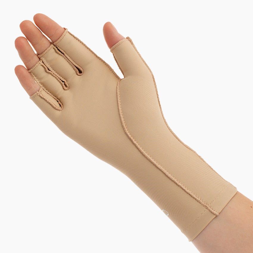 "Medicinska kompressionshandskar för smärtlindring och stöd, ergonomisk design med utvändiga sömmar för optimal komfort."