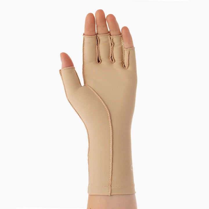 "Medicinska kompressionshandskar för smärtlindring och stöd, ergonomisk design med utvändiga sömmar för optimal komfort."