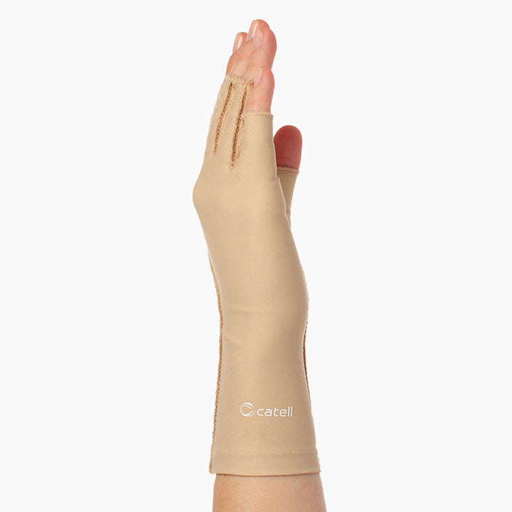 "Medicinska kompressionshandskar för smärtlindring och stöd, ergonomisk design med utvändiga sömmar för optimal komfort."
