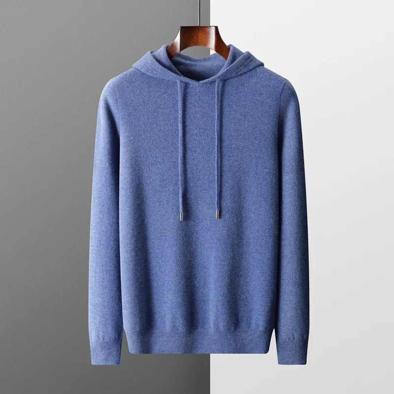 "Merinoull hoodie tröja för män, stickad höst/vintermode, 100% ull, varm och elegant, grå med modern huva."
