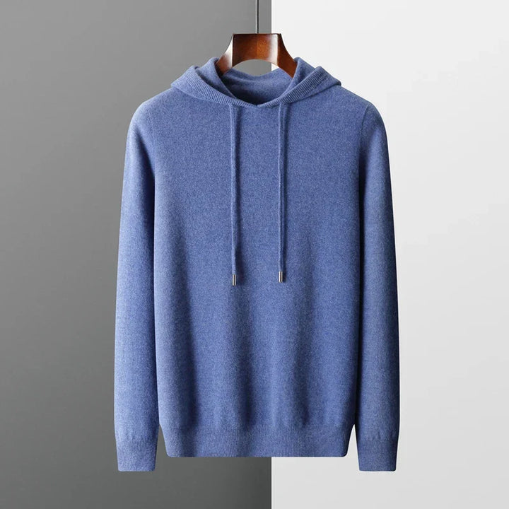 "Merinoull hoodie tröja för män, stickad höst/vintermode, 100% ull, varm och elegant, grå med modern huva."