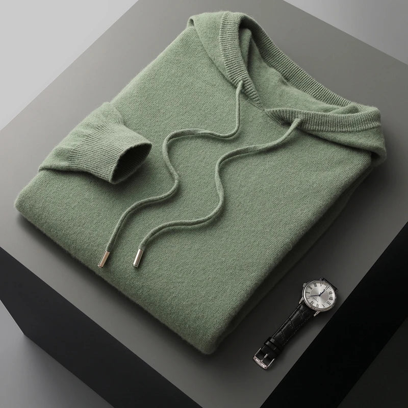 "Merinoull hoodie tröja för män, stickad höst/vintermode, 100% ull, varm och elegant, grå med modern huva."