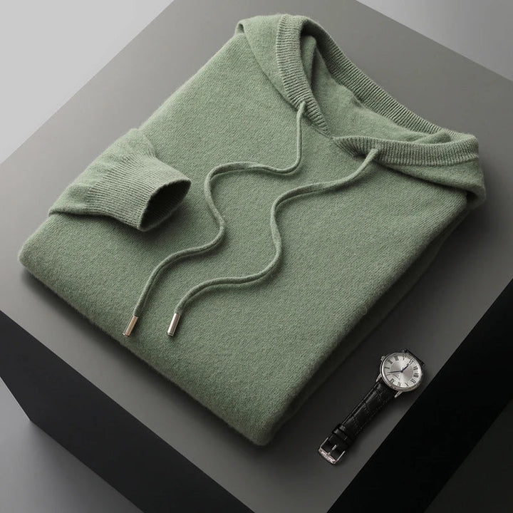 "Merinoull hoodie tröja för män, stickad höst/vintermode, 100% ull, varm och elegant, grå med modern huva."