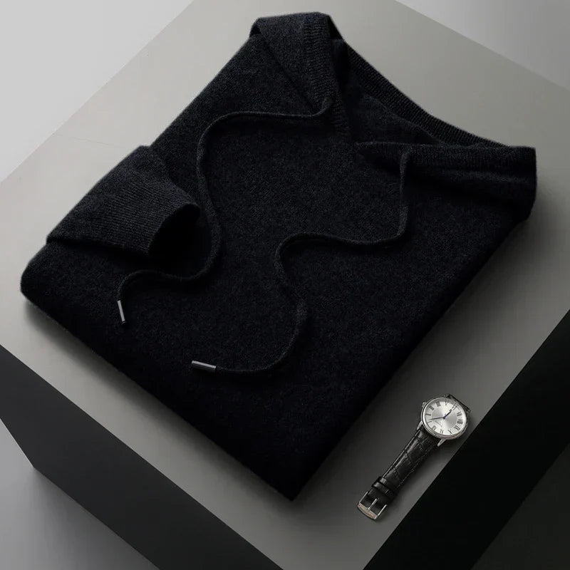 "Merinoull hoodie tröja för män, stickad höst/vintermode, 100% ull, varm och elegant, grå med modern huva."