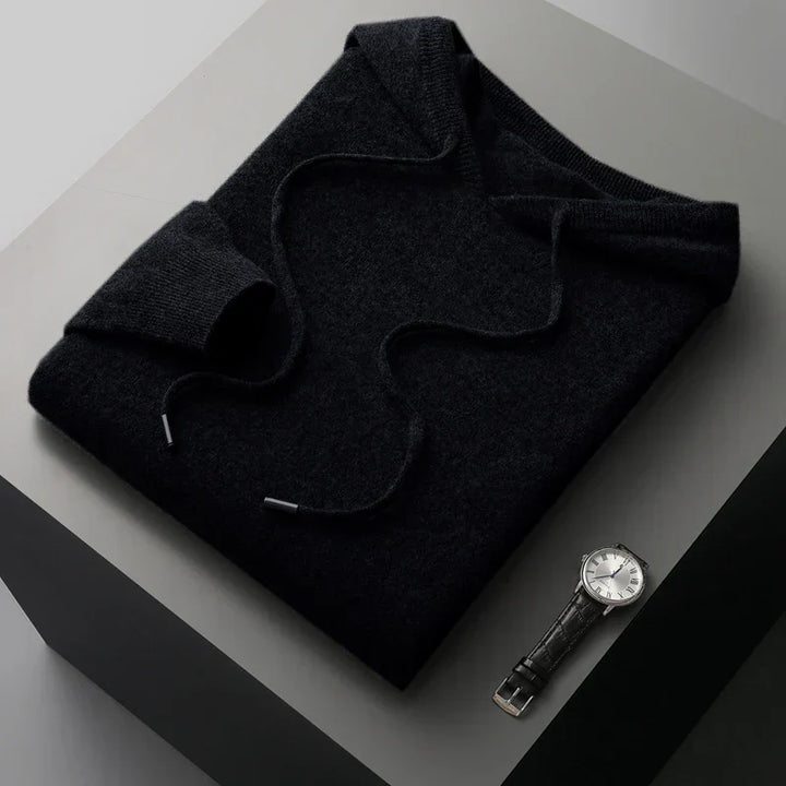 "Merinoull hoodie tröja för män, stickad höst/vintermode, 100% ull, varm och elegant, grå med modern huva."