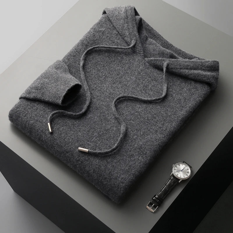 "Merinoull hoodie tröja för män, stickad höst/vintermode, 100% ull, varm och elegant, grå med modern huva."