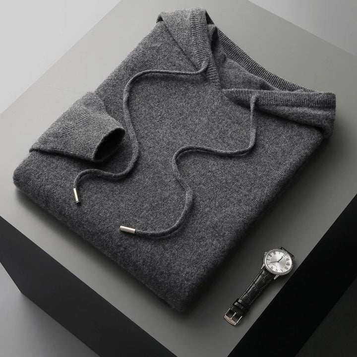 "Merinoull hoodie tröja för män, stickad höst/vintermode, 100% ull, varm och elegant, grå med modern huva."