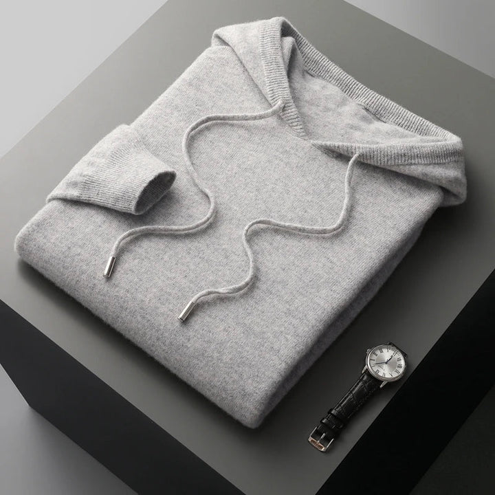 "Merinoull hoodie tröja för män, stickad höst/vintermode, 100% ull, varm och elegant, grå med modern huva."