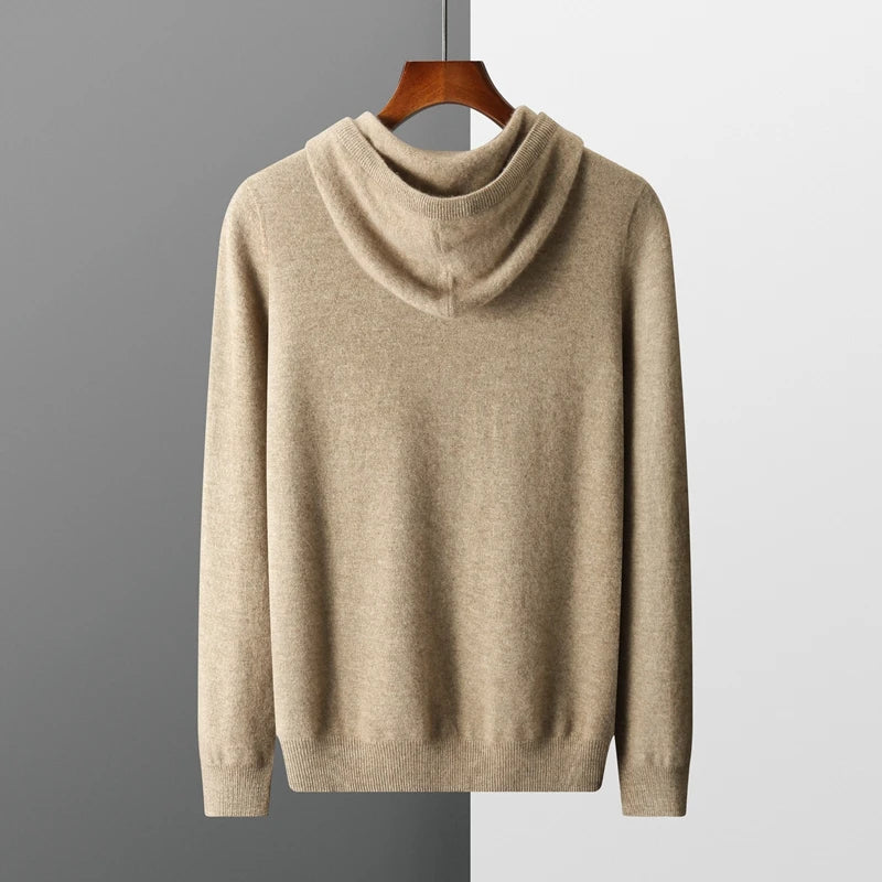 "Merinoull hoodie tröja för män, stickad höst/vintermode, 100% ull, varm och elegant, grå med modern huva."
