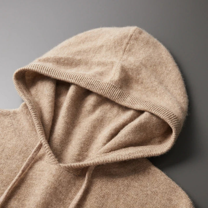 "Merinoull hoodie tröja för män, stickad höst/vintermode, 100% ull, varm och elegant, grå med modern huva."