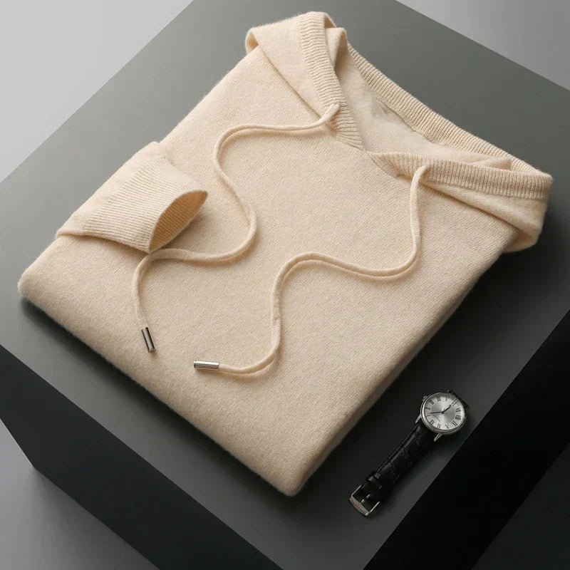 "Merinoull hoodie tröja för män, stickad höst/vintermode, 100% ull, varm och elegant, grå med modern huva."