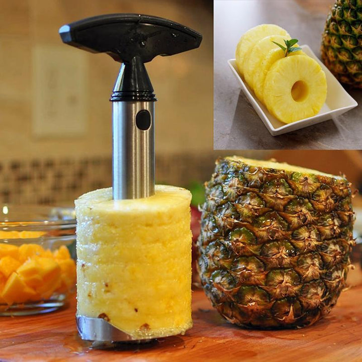 "Metall ananasskärare med bekvämt grepp för enkel och snabb skivning av ananas, gul och svart design."