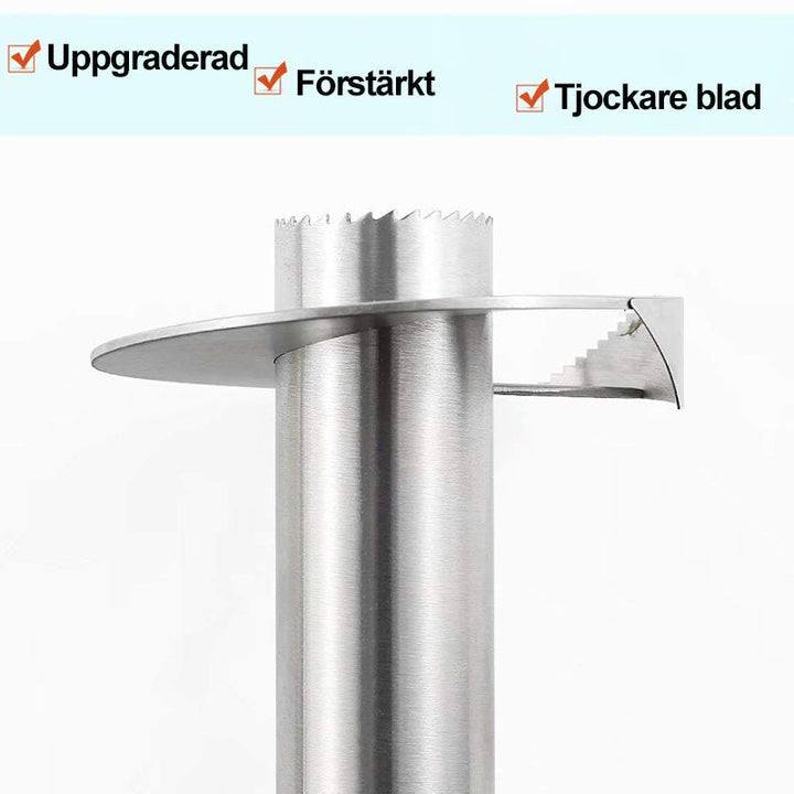 "Metall ananasskärare med bekvämt grepp för enkel och snabb skivning av ananas, gul och svart design."