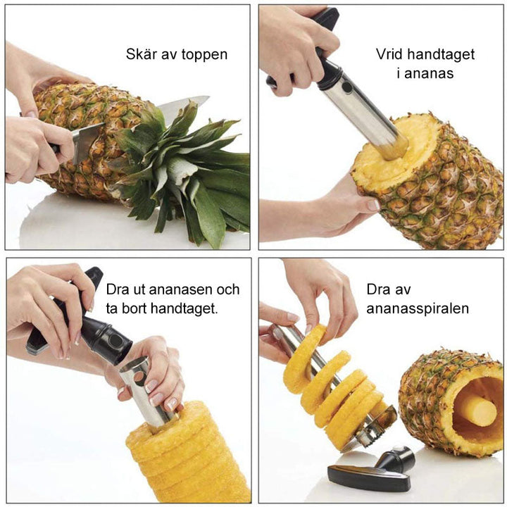 "Metall ananasskärare med bekvämt grepp för enkel och snabb skivning av ananas, gul och svart design."