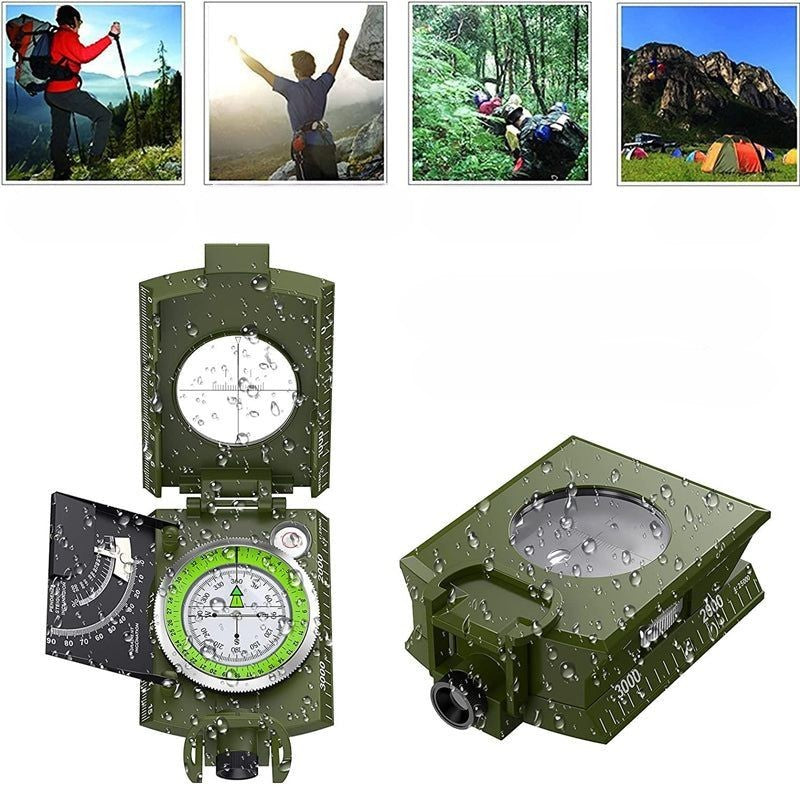 "Militärgrön kompass i metall med klinometer, idealisk för outdoor-aktiviteter, med bubbelnivå och lysande skiva."