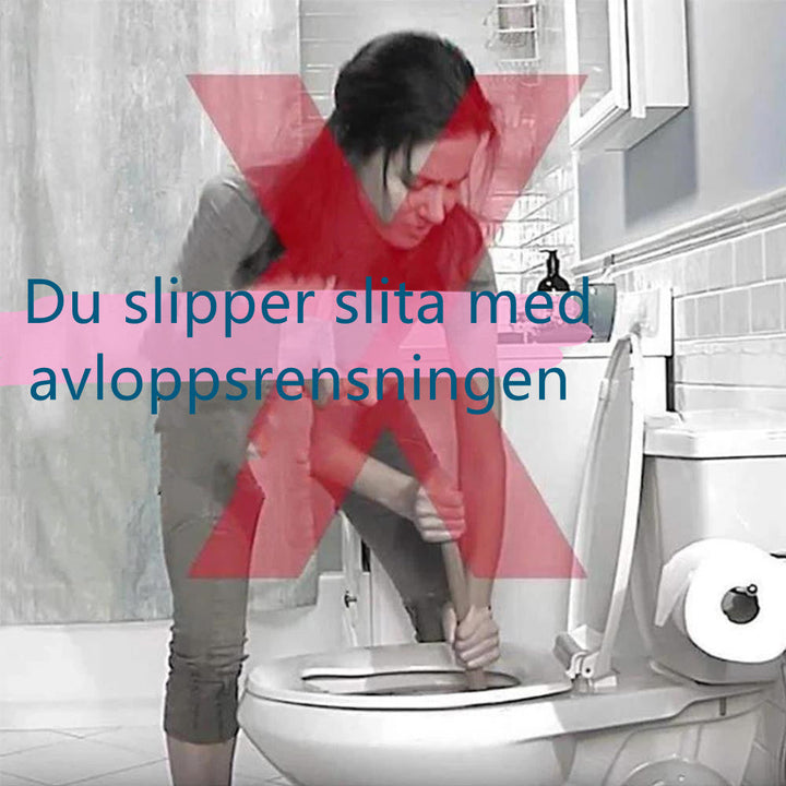 "Miljövänlig kraftfull handfat & avloppsrengörare; klar vätska i genomskinlig flaska på vit bakgrund."