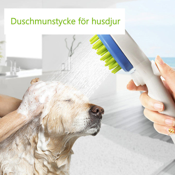 "Miljövänligt duschmunstycke för husdjur med silikonstrån, ergonomiskt handtag, vattenbesparande och massagefunktion."