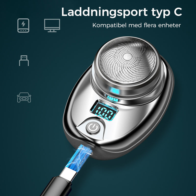 "Mini bärbar rakapparat i elegant design för män och kvinnor, kompakt och kraftig med 15 roterande blad."