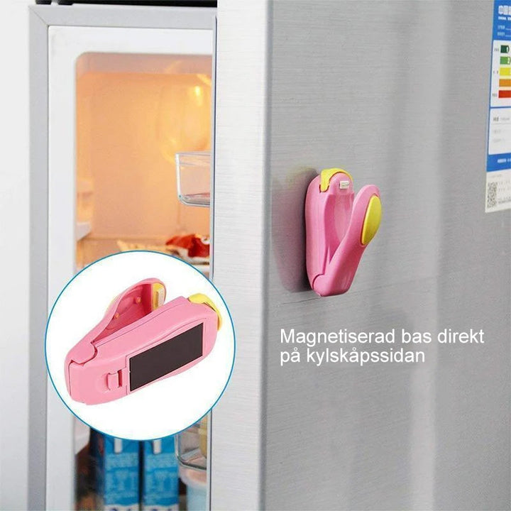 "Mini bärbar värmeförsegling för hushåll, blå, rosa, grön, gul, kompakt, magnetisk bas, matbevarande, enkel att använda."