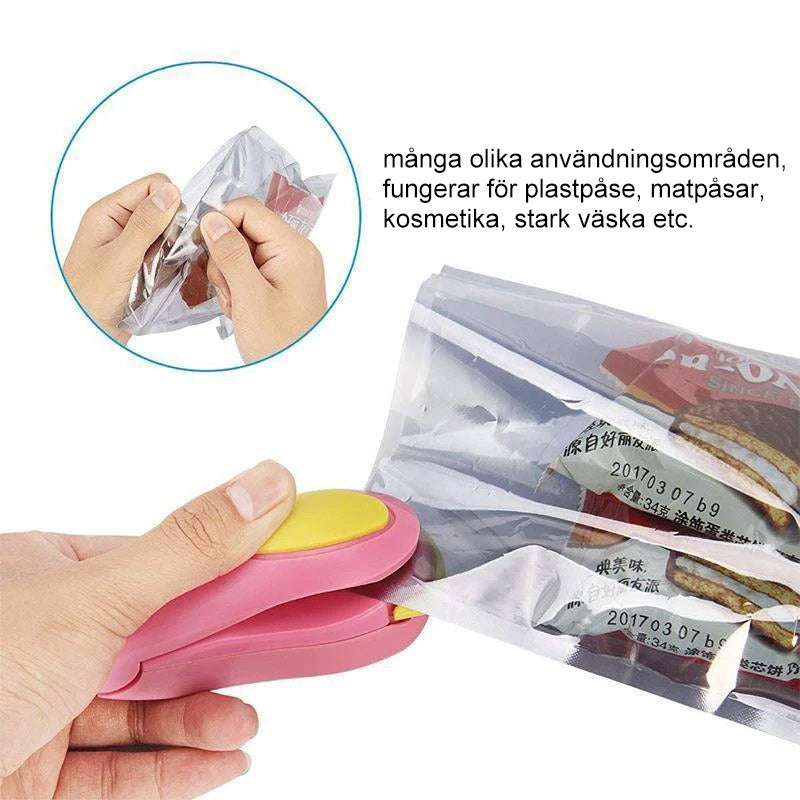 "Mini bärbar värmeförsegling för hushåll, blå, rosa, grön, gul, kompakt, magnetisk bas, matbevarande, enkel att använda."