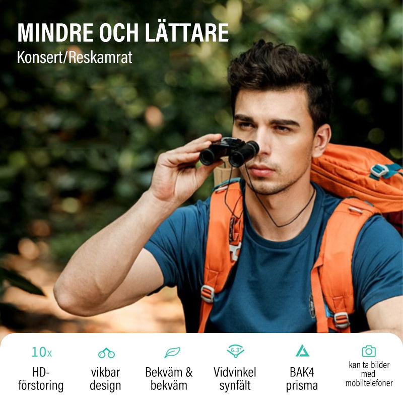 "Mini HD-kikare med hög förstoring, kompakt design och slitstark konstruktion för sport och fågelskådning."