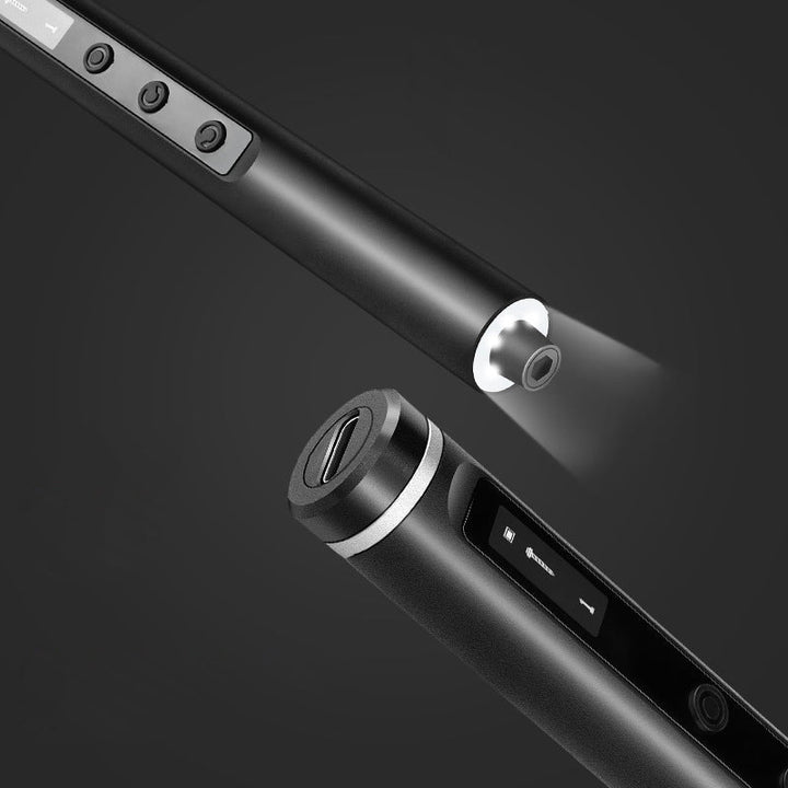 "Mini Skruvmejselsats med elektriska och manuella mejslar i metall, magnetiskt fodral och LED-belysning, perfekt för precisio