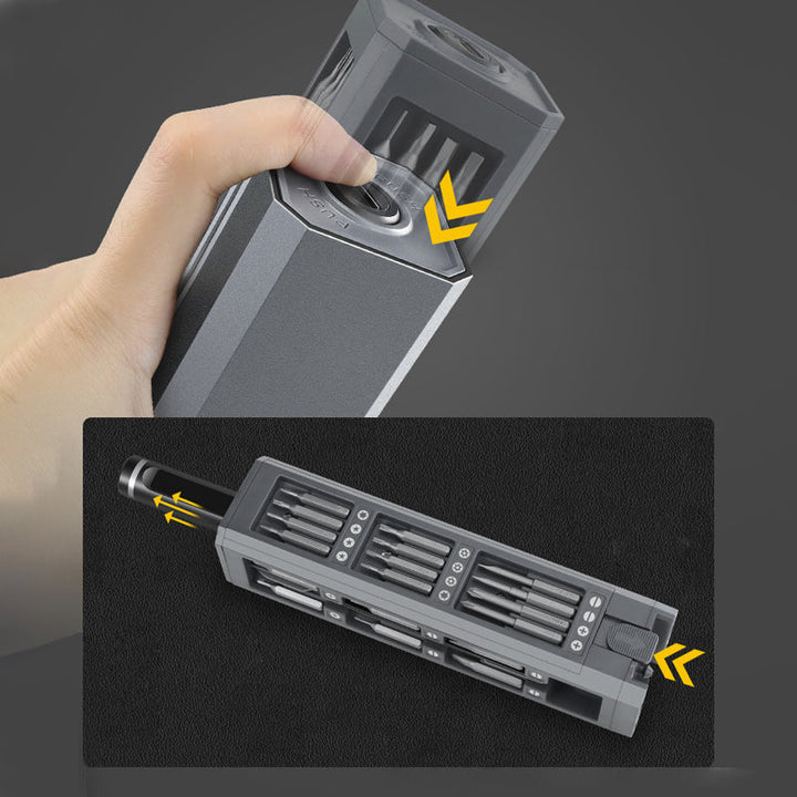 "Mini Skruvmejselsats med elektriska och manuella mejslar i metall, magnetiskt fodral och LED-belysning, perfekt för precisio