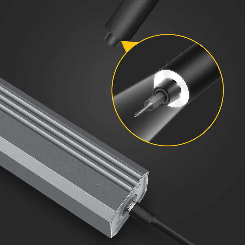 "Mini Skruvmejselsats med elektriska och manuella mejslar i metall, magnetiskt fodral och LED-belysning, perfekt för precisio