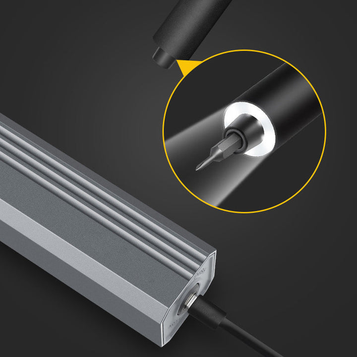 "Mini Skruvmejselsats med elektriska och manuella mejslar i metall, magnetiskt fodral och LED-belysning, perfekt för precisio