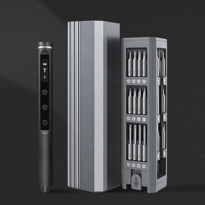 "Mini Skruvmejselsats med elektriska och manuella mejslar i metall, magnetiskt fodral och LED-belysning, perfekt för precisio